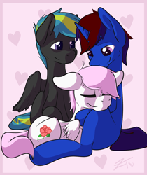 Size: 2100x2500 | Tagged: safe, artist:zombietator, oc, oc only, pegasus, pony, unicorn, eyes closed, gay, heart, high res, horn, male, pegasus oc, polyamory, signature, sitting, smiling, snuggling, stallion, unicorn oc, wings