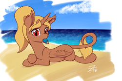 Size: 2750x1850 | Tagged: safe, artist:zombietator, oc, oc only, alicorn, pony, alicorn oc, beach, female, food, horn, leonine tail, lying down, mare, outdoors, popsicle, signature, tail, wings