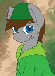 Size: 1500x2100 | Tagged: safe, artist:zombietator, oc, oc only, earth pony, pony, abstract background, bust, clothes, hat, hoodie, male, signature, smiling, stallion