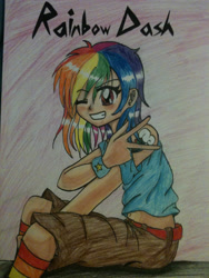 Size: 1536x2048 | Tagged: safe, artist:mangaka4eva, rainbow dash, human, g4, alternative cutie mark placement, clothes, cuffs (clothes), cutie mark on human, eyelashes, grin, humanized, one eye closed, shorts, shoulder cutie mark, smiling, traditional art, wink