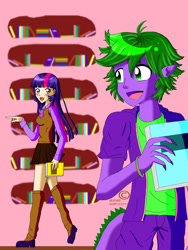 Size: 1536x2048 | Tagged: safe, artist:mangaka4eva, spike, twilight sparkle, dragon, human, anthro, g4, :d, book, clothes, female, humanized, library, male, open mouth, open smile, shoes, skirt, smiling, socks