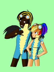 Size: 1536x2048 | Tagged: safe, artist:mangaka4eva, midnight strike, rainbow dash, human, g4, alternative cutie mark placement, clothes, cutie mark on human, cutie mark on wrist, dark skin, goggles, green, grin, humanized, midnightdash, shoulder cutie mark, smiling, uniform, winged humanization, wings, wonderbolt trainee uniform