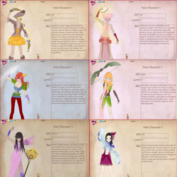 Size: 900x900 | Tagged: safe, artist:mangaka4eva, applejack, fluttershy, pinkie pie, rainbow dash, rarity, twilight sparkle, human, g4, clothes, dress, glowing hands, gun, hat, humanized, mane six, pirate hat, reference sheet, skirt, weapon, winged humanization, wings