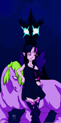 Size: 1050x2100 | Tagged: safe, artist:m-a-v-e-r-i-c-k, spike, twilight sparkle, alicorn, human, pony, g4, alicorn humanization, clothes, dress, duo, horn, horned humanization, humanized, ponified, twilight sparkle (alicorn), winged humanization