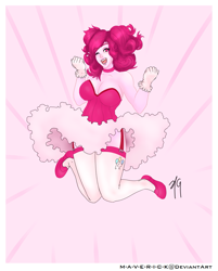 Size: 1351x1683 | Tagged: safe, alternate version, artist:m-a-v-e-r-i-c-k, pinkie pie, human, g4, breasts, busty pinkie pie, choker, clothes, cutie mark on human, dress, female, garter belt, humanized, one eye closed, open mouth, open smile, shoes, signature, smiling, socks, solo, stockings, thigh highs, wink