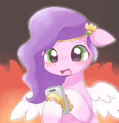 Size: 1483x1534 | Tagged: safe, artist:ginmaruxx, pipp petals, pegasus, pony, g5, my little pony: a new generation, adorable distress, adorapipp, blushing, cellphone, cute, female, fire, mare, open mouth, phone, smartphone, solo, spread wings, sweat, sweatdrops, wings