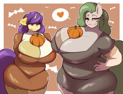 Size: 1280x981 | Tagged: safe, artist:gin-blade, oc, oc only, oc:bountiful fields, oc:dakota dallas, bat, earth pony, unicorn, anthro, bedroom eyes, big breasts, blushing, breasts, cleavage, clothes, commission, digital art, duo, duo female, female, frankenpony, hand on hip, heart, horn, huge breasts, looking at you, one eye closed, pumpkin, stitches, tail, thighs, wide hips, wink