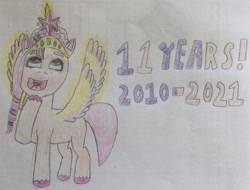 Size: 1709x1299 | Tagged: safe, artist:mr.myoozik, derpibooru exclusive, sunny starscout, alicorn, earth pony, pony, g5, my little pony: a new generation, anniversary, anniversary art, artificial wings, augmented, big crown thingy, crown, date, element of magic, female, glowing, glowing horn, glowing wings, green eyes, hooves, horn, jewelry, magic, magic horn, magic wings, mare, mlp fim's eleventh anniversary, open mouth, paper, race swap, rainbow, regalia, smiling, solo, standing, sunnycorn, text, traditional art, wings