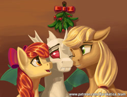 Size: 1437x1100 | Tagged: safe, artist:kirillk, apple bloom, applejack, oc, changeling, g4, holly, holly mistaken for mistletoe