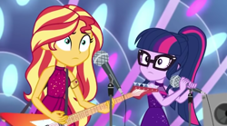 Size: 1920x1068 | Tagged: safe, screencap, sci-twi, sunset shimmer, twilight sparkle, equestria girls, equestria girls specials, g4, my little pony equestria girls: better together, my little pony equestria girls: spring breakdown, bare shoulders, sleeveless