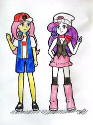 Size: 2260x3014 | Tagged: safe, artist:fude-chan-art, fluttershy, rarity, equestria girls, g4, ash ketchum, clothes, clothes swap, cosplay, costume, dawn (pokémon), duo, female, hat, high res, pokémon, shorts, traditional art, vest