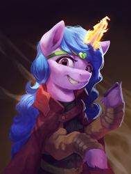 Size: 1975x2617 | Tagged: safe, artist:vanillaghosties, izzy moonbow, pony, unicorn, g5, my little pony: a new generation, anime, clothes, costume, digital art, dio brando, female, glowing, glowing horn, grin, halloween, halloween costume, horn, jojo's bizarre adventure, mare, nightmare night costume, smiling, solo