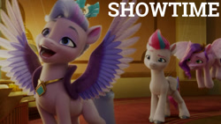 Size: 1280x720 | Tagged: safe, edit, edited screencap, editor:quoterific, screencap, pipp petals, queen haven, zipp storm, pegasus, pony, g5, my little pony: a new generation, spoiler:g5, spoiler:my little pony: a new generation, a phony pony full of baloney, female, mare, open mouth, open smile, royal sisters (g5), siblings, sisters, smiling, spread wings, wings