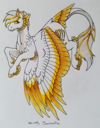 Size: 2494x3181 | Tagged: safe, artist:oneiria-fylakas, oc, oc only, oc:quartz bookrutile, pegasus, pony, colored wings, high res, male, solo, stallion, tail, tail feathers, traditional art, two toned wings, wings