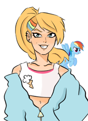 Size: 2236x3066 | Tagged: safe, artist:charrlll, rainbow dash, human, g4, clothes, dyed hair, high res, humanized, jacket, piercing, tank top