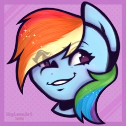 Size: 1260x1260 | Tagged: safe, artist:shylunaart, rainbow dash, pegasus, pony, g4, abstract background, bust, eye clipping through hair, female, grin, head only, portrait, smiling, smirk, solo