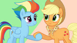 Size: 1920x1080 | Tagged: safe, artist:sallyso, applejack, rainbow dash, earth pony, pegasus, pony, g4, alternate hairstyle, applejack's hat, blushing, cowboy hat, female, hat, holding hooves, lesbian, looking at each other, mare, older, older applejack, older rainbow dash, ship:appledash, shipping