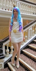 Size: 1024x2005 | Tagged: safe, artist:mad-catra, princess celestia, human, uk ponycon, uk ponycon 2014, g4, clothes, cosplay, costume, irl, irl human, photo, stairs