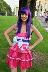 Size: 1024x1542 | Tagged: safe, artist:mad-catra, twilight sparkle, human, galacon, galacon 2014, equestria girls, g4, bare shoulders, clothes, cosplay, costume, fall formal outfits, hand on hip, irl, irl human, photo, sleeveless, watch, wristwatch