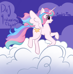 Size: 2020x2048 | Tagged: safe, artist:carconutty, princess celestia, alicorn, pony, g4, cloud, female, flying, high res, horn, mare, multicolored mane, multicolored tail, ponytober, smiling, solo, spread wings, tail, wings