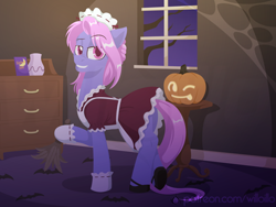 Size: 1600x1200 | Tagged: safe, artist:willoillo, oc, oc only, oc:bubblegum bomb, earth pony, pony, apron, clothes, commission, costume, crossdressing, dress, duster, grin, halloween, holiday, hoof gloves, hoof shoes, looking at you, maid, maid headdress, smiling, solo