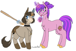 Size: 1280x854 | Tagged: safe, artist:sunshmallow, oc, oc only, pony, unicorn, baseball bat, chest fluff, curved horn, duo, female, food, glowing, glowing horn, horn, muffin, simple background, transparent background