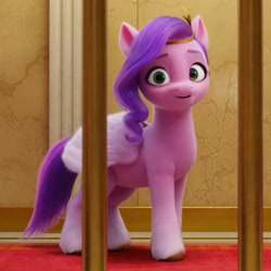 Size: 671x671 | Tagged: safe, screencap, pipp petals, pegasus, pony, g5, my little pony: a new generation, spoiler:my little pony: a new generation, bars, cropped, eyebrows, female, folded wings, mare, purple mane, purple tail, shadow, solo, standing, tail, unshorn fetlocks, wings