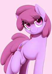 Size: 1400x2000 | Tagged: safe, artist:thebatfang, berry punch, berryshine, earth pony, pony, g4, cute, eye clipping through hair, female, mare, pink background, purple mane, purple tail, raised hoof, simple background, smiling, solo, tail