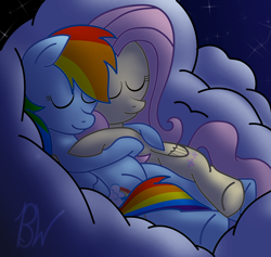 Size: 2514x2385 | Tagged: safe, artist:belgianwaffleart, fluttershy, rainbow dash, pegasus, pony, g4, cloud, cuddling, duo, eyes closed, female, folded wings, high res, lesbian, mare, multicolored hair, night, on a cloud, pink mane, pink tail, rainbow hair, rainbow tail, ship:flutterdash, shipping, signature, sleeping, sleeping together, tail, wings