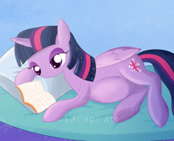 Size: 1334x1080 | Tagged: safe, artist:lacapiart, twilight sparkle, alicorn, pony, g4, belly, big belly, book, female, pillow, preglight sparkle, pregnant, reading, solo, twilight sparkle (alicorn)