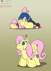 Size: 2926x4096 | Tagged: safe, artist:dustyerror, fluttershy, human, pegasus, pony, g4, button eyes, female, floating heart, gradient background, heart, human to pony, inanimate tf, plushie, plushification, transformation, transformation sequence