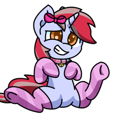 Size: 2000x2000 | Tagged: safe, alternate version, artist:exoticeon, oc, oc only, oc:cinnamon lightning, pony, unicorn, belly, bow, clothes, collar, female to male, high res, male, nervous, rule 63, simple background, socks, solo, stockings, thigh highs, transparent background