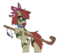 Size: 495x455 | Tagged: safe, artist:hoorncorn, apple bloom, earth pony, pony, g4, alternate timeline, chrysalis resistance timeline, face paint, female, gritted teeth, jewelry, necklace, simple background, solo, staff, white background