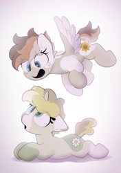 Size: 1457x2064 | Tagged: safe, artist:mochi_nation, oc, oc only, oc:flannel tea, oc:sunrich maron, pegasus, pony, unicorn, coat markings, duo, female, floppy ears, flying, freckles, happy, looking down, looking up, lying down, open mouth, prone, siblings, sisters, sploot