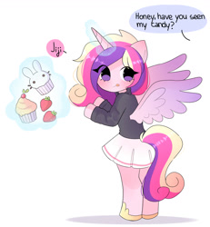Size: 1200x1300 | Tagged: safe, artist:arwencuack, princess cadance, alicorn, semi-anthro, g4, arm hooves, candy, clothes, commission, cupcake, cute, cutedance, female, food, glowing, glowing horn, horn, implied shining armor, licking, licking lips, offscreen character, simple background, skirt, solo, strawberry, sweater, tongue out, turtleneck, white background