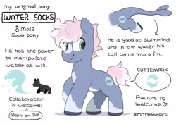 Size: 2064x1457 | Tagged: safe, artist:mochi_nation, oc, oc only, oc:water socks, earth pony, pony, coat markings, male, reference sheet, simple background, socks (coat markings), solo, stallion, super powers, white background