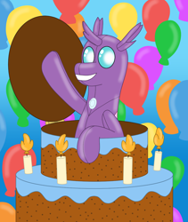 Size: 2060x2436 | Tagged: safe, artist:ltcolonelwhipper, artist:wolvinof, oc, oc:cara, changedling, changeling, inflatable pony, pooltoy pony, air nozzle, balloon, birthday, birthday cake, birthday gift, cake, candle, changeling oc, food, high res, inflatable, inflatable toy, looking at you, pool toy, popping out of a cake, simple background, smiling, smiling at you