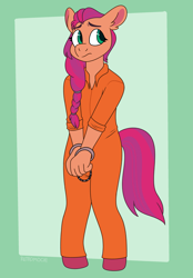 Size: 2257x3250 | Tagged: safe, artist:retromochi, sunny starscout, earth pony, anthro, unguligrade anthro, g5, my little pony: a new generation, clothes, colored hooves, cuffs, high res, prison outfit, prisoner, prisoner ss, sad, solo
