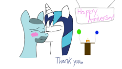 Size: 1280x720 | Tagged: safe, shining armor, oc, oc:gameplay, pegasus, pony, unicorn, g4, balloon, blushing, cake, canon x oc, colored, cute, digital art, food, gay, kissing, male, mlp fim's eleventh anniversary, shipping, simple background, stallion, text, white background