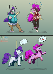 Size: 2000x2800 | Tagged: safe, artist:dustyerror, pinkie pie, rarity, oc, oc:cassette, oc:crimson rune, earth pony, human, pony, unicorn, g4, blush sticker, blushing, carousel, character to character, clothes, commission, duckface, duo, emanata, emotions, exclamation point, eyes closed, female, glasses, gradient background, gritted teeth, high res, human oc, human to pony, inanimate tf, jacket, male to female, mare, open mouth, pants, pictogram, plastic, pole, raised hoof, rule 63, shirt, smiling, speech bubble, sweater, torn clothes, transformation, transgender transformation, wavy mouth