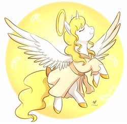 Size: 1248x1220 | Tagged: safe, artist:foxhatart, oc, oc only, oc:golden skies, alicorn, angel, pony, alicorn oc, clothes, colored wings, female, halo, holy, horn, mare, simple background, solo, two toned wings, white background, wings, yellow