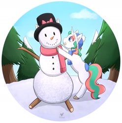 Size: 1515x1530 | Tagged: safe, artist:foxhatart, oc, oc only, oc:mint, pony, unicorn, female, mare, simple background, snow, snowman, solo, tree, white background