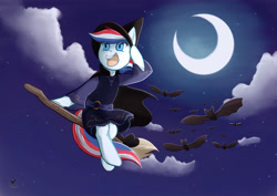 Size: 3684x2605 | Tagged: safe, artist:foxhatart, oc, oc:britannia (uk ponycon), bat, pony, uk ponycon, broom, cloud, flying, flying broomstick, hat, high res, mascot, moon, night, sky, solo, witch hat, wizard hat