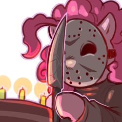 Size: 1159x1159 | Tagged: safe, artist:cold-blooded-twilight, pinkie pie, earth pony, pony, g4, cake, candle, clothes, female, food, halloween, hockey mask, holiday, hoof hold, horror, jason voorhees, knife, mask, simple background, solo, this will end in cupcakes, transparent background