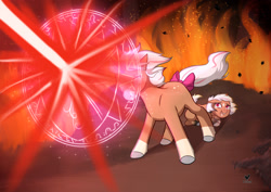 Size: 2046x1447 | Tagged: safe, artist:foxhatart, oc, oc only, oc:cinnamon, oc:cookie cutter, pony, female, filly, fire, force field, magic, mare, mother and child, mother and daughter, protecting