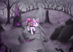 Size: 2046x1447 | Tagged: safe, artist:foxhatart, oc, oc only, pony, unicorn, clothes, female, forest, scared, solo, spooky, tree stump