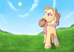 Size: 1447x1020 | Tagged: safe, artist:foxhatart, oc, oc only, oc:gold dust, pony, unicorn, basket, clothes, female, grass, hat, mare, mouth hold, skirt, solo, sun