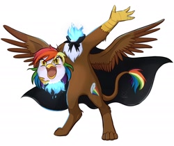Size: 2012x1690 | Tagged: safe, artist:foxhatart, oc, oc only, oc:rainbow feather, dullahan, griffon, hippogriff, cape, clothes, disembodied head, headless, interspecies offspring, magical lesbian spawn, modular, offspring, open mouth, parent:gilda, parent:rainbow dash, parents:gildash, simple background, solo, spread wings, white background, wings
