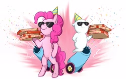Size: 3157x1984 | Tagged: safe, artist:foxhatart, pinkie pie, oc, oc:bumper, earth pony, ghost, pony, undead, g4, bipedal, duo, female, food, high res, mare, non-pony oc, party cannon, pizza, simple background, smiling, sunglasses, white background