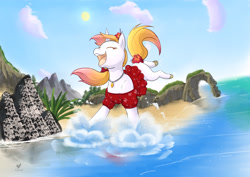 Size: 2046x1447 | Tagged: safe, artist:foxhatart, oc, oc only, oc:coral, pony, unicorn, beach, clothes, dress, female, happy, mare, solo, water